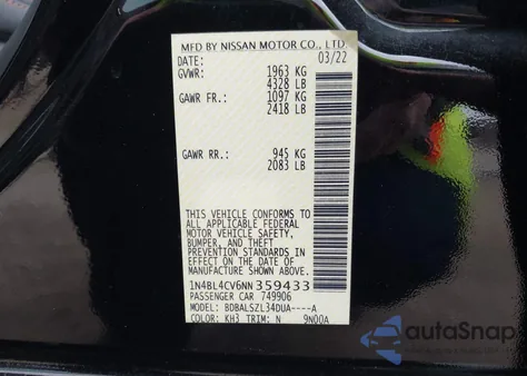 2022 Nissan Altima Sr Fwd from USA, damaged, VIN 1N4BL4CV6NN359433